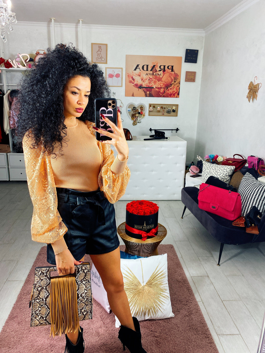 Maglioncino con maniche velate in pizzo Camel - R.a. Boutique 