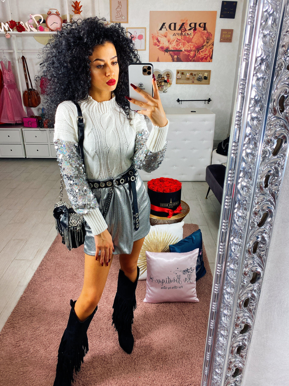 Maglioncino in lana con manicotti in paillettes - R.a. Boutique 