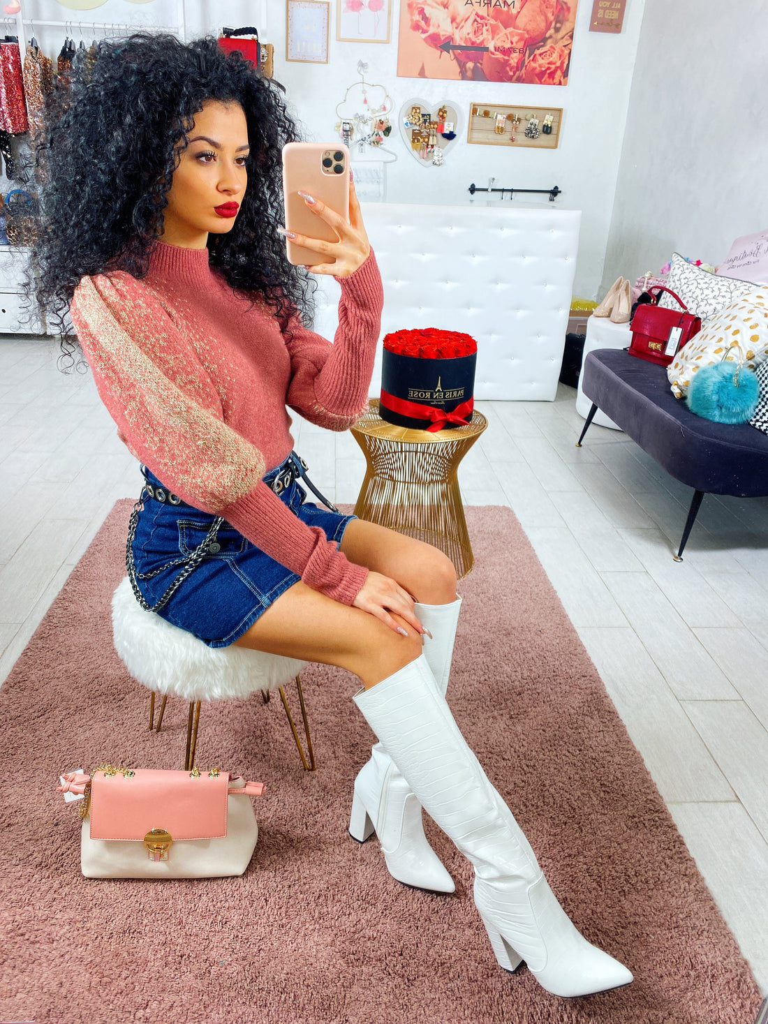 Maglione rosa con glitter oro - R.a. Boutique 