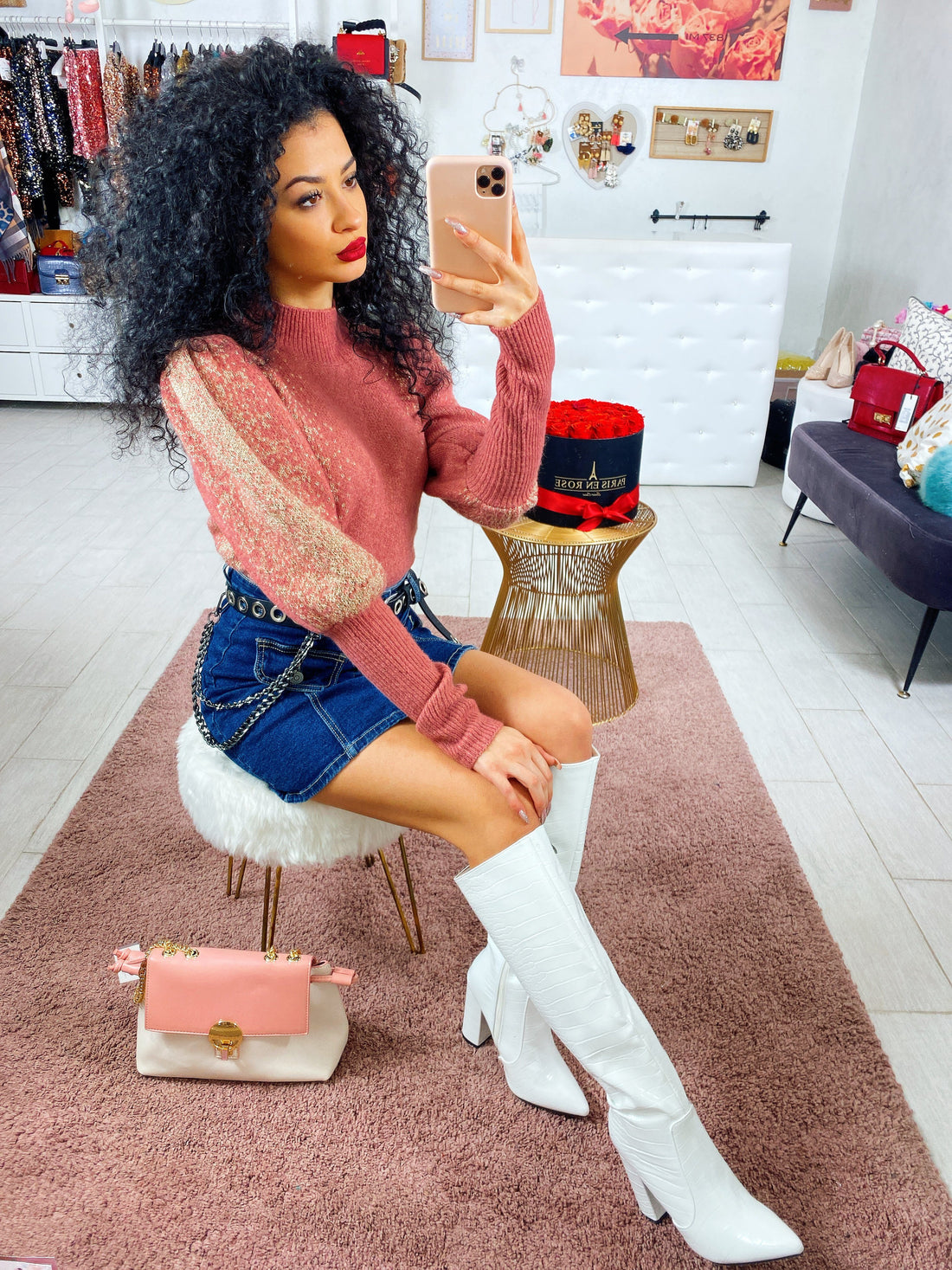 Maglione rosa con glitter oro - R.a. Boutique 