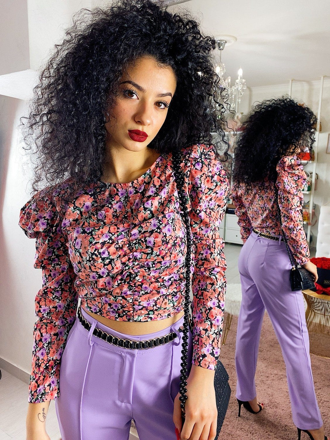 Top con fiorellini rosa manica bombata - R.a. Boutique 