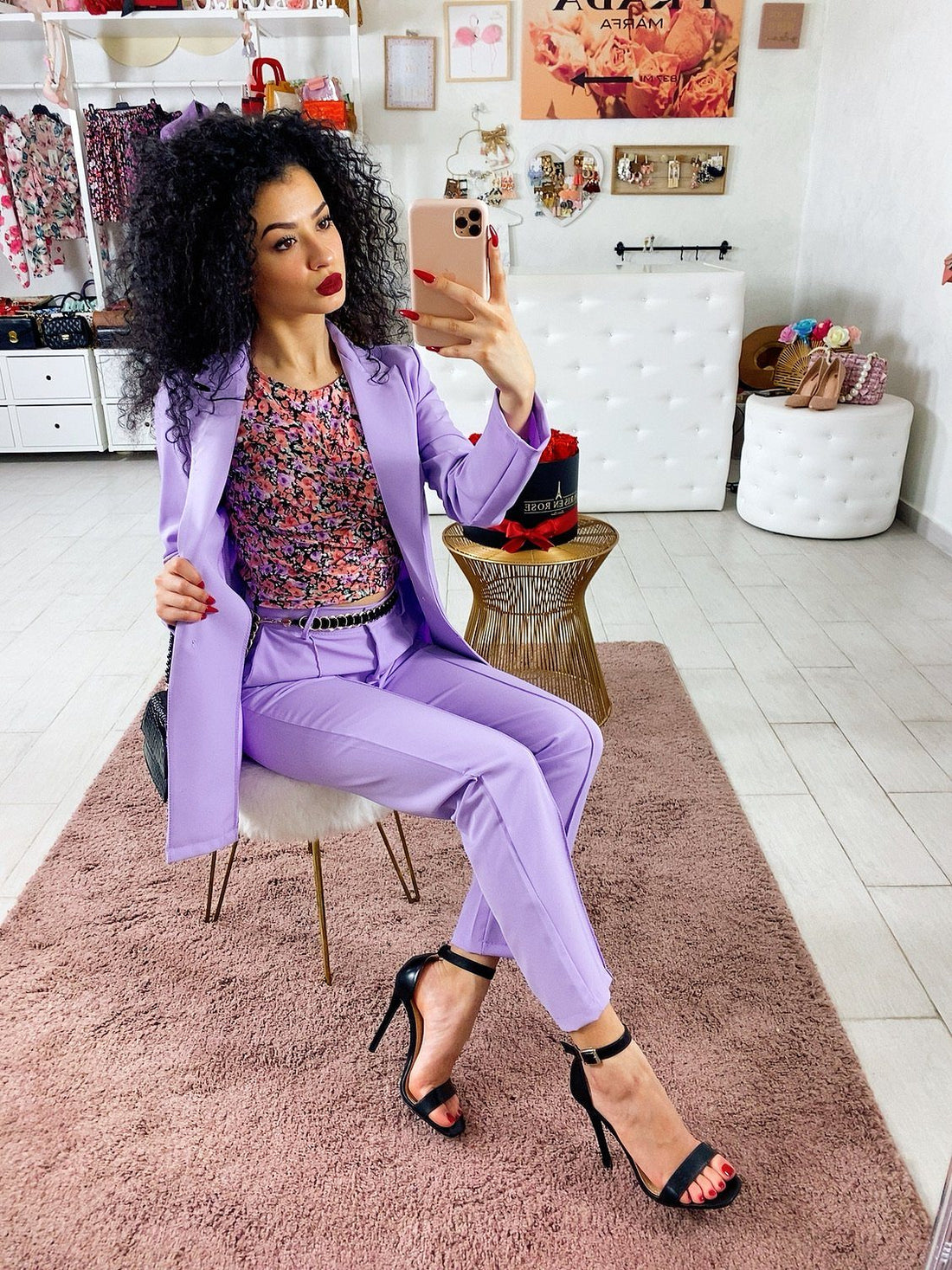 Top con fiorellini rosa manica bombata - R.a. Boutique 