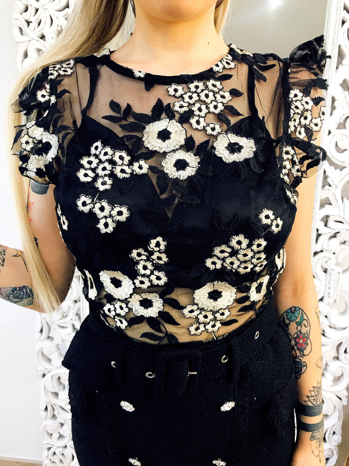 Applicazione Pizzo Con Fiori Ricamati - Colletto Decorativo Per Abiti, Sposa, Costumi, Nero - Foto 8